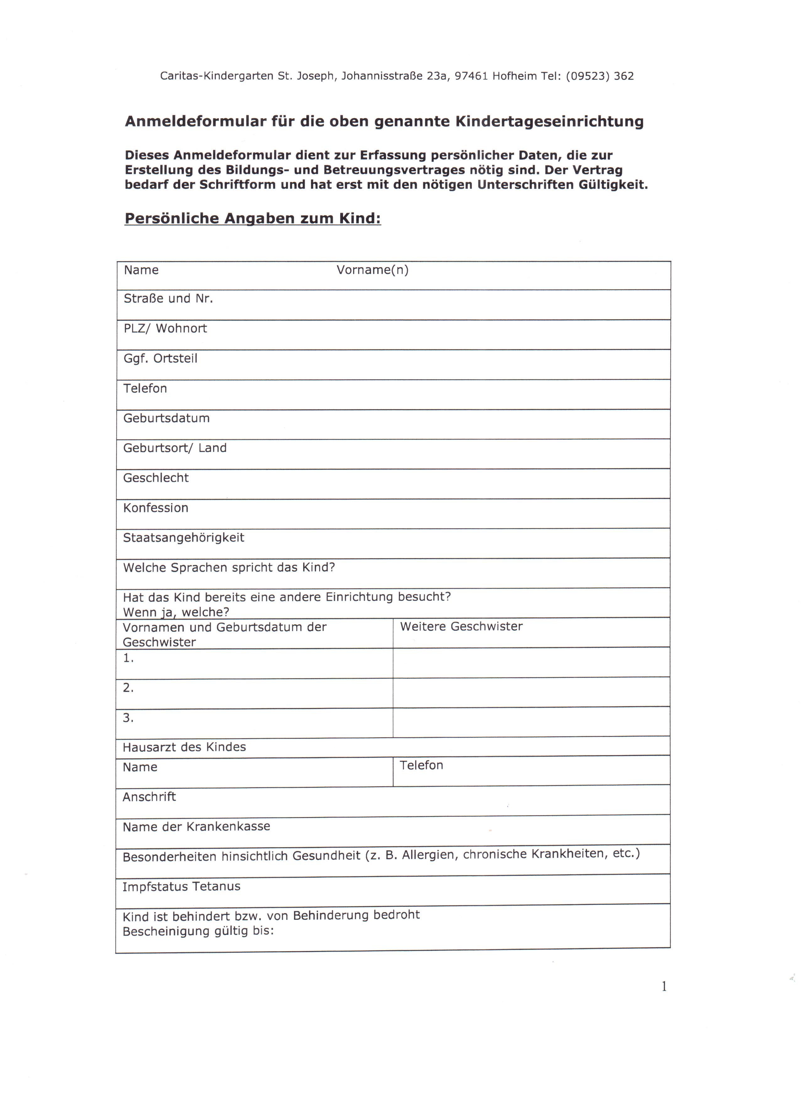 KITA St. Joseph Formulare Anmeldung